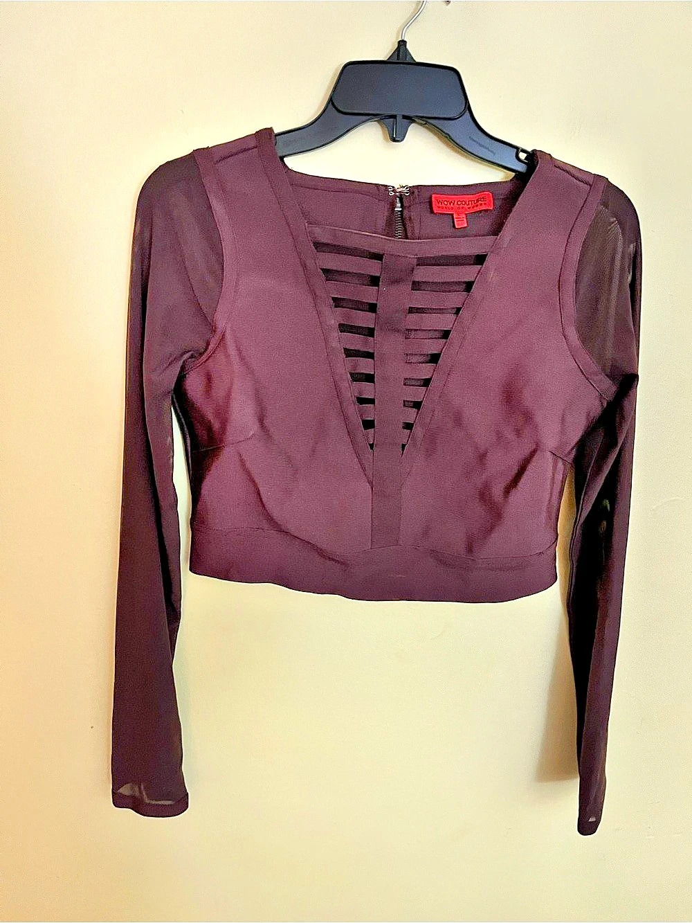 Wow Couture Burgundy Mesh Sleeve Crop Top Size Large